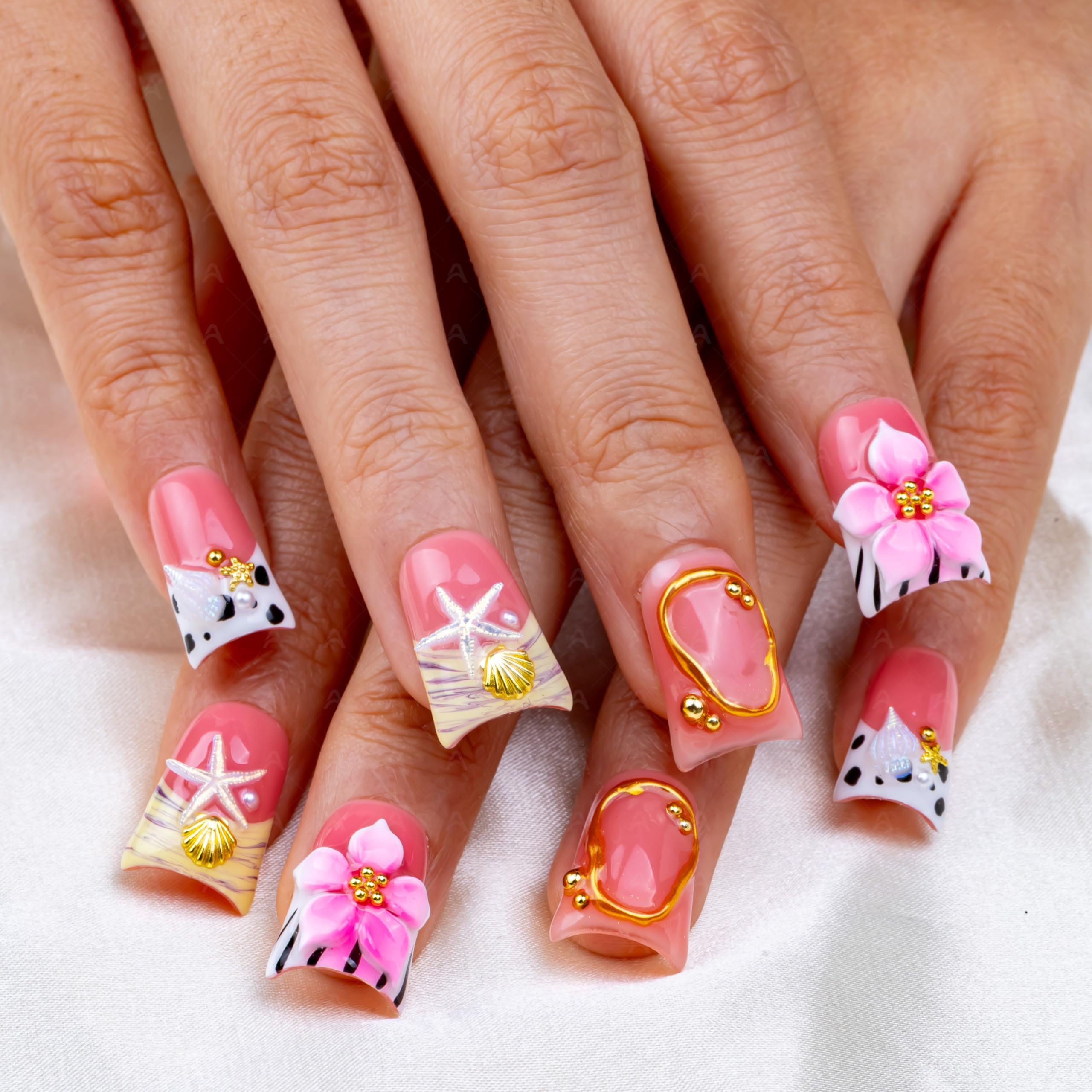 IntoVibes 10-Piece Luxury Acrylic Press-On Nails – Short Duck Shape, Pink French, 3D Flowers & Shells, Reusable