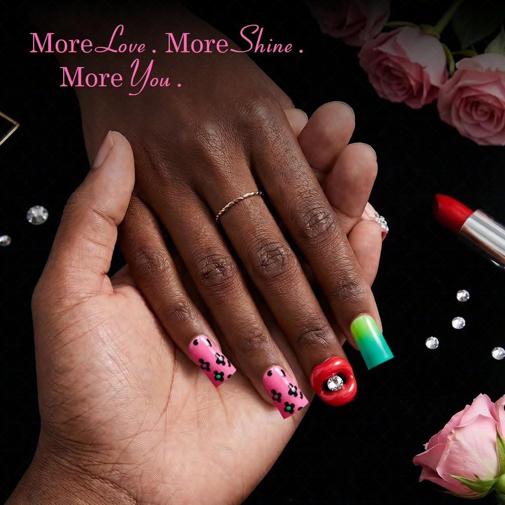 IntoVibes 10 Pcs Luxury Acrylic Press On Nails – Short Duck Shape, Leopard Print & 3D Red Lip Design (L)