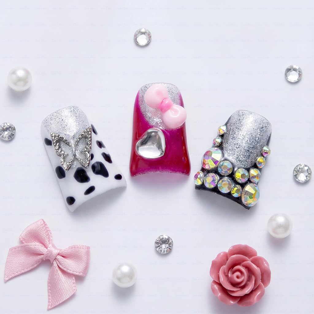 IntoVibes 10-Piece Luxury Acrylic Press On Nails – Short Duck Shape, Pink French Tips, 3D Hearts & Stars | Reusable