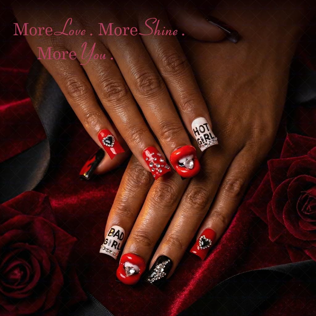 IntoVibes 10-Piece Luxury Acrylic Press On Nails — Short Duck Shape, Red & Black Flames, Reusable
