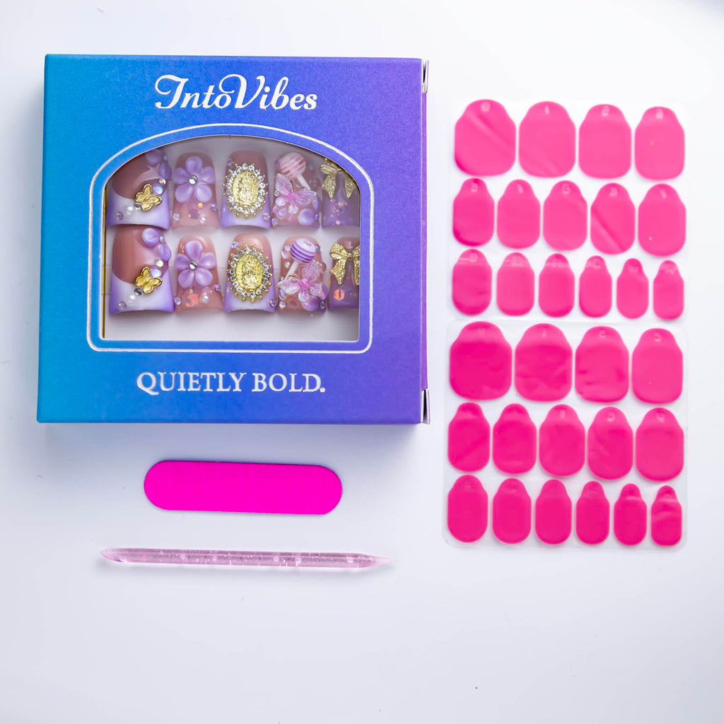 IntoVibes 10-Piece Luxury Acrylic Press-On Nails – Short Duck Shape, Pink & Purple, Reusable Valentines Day Nails (M)