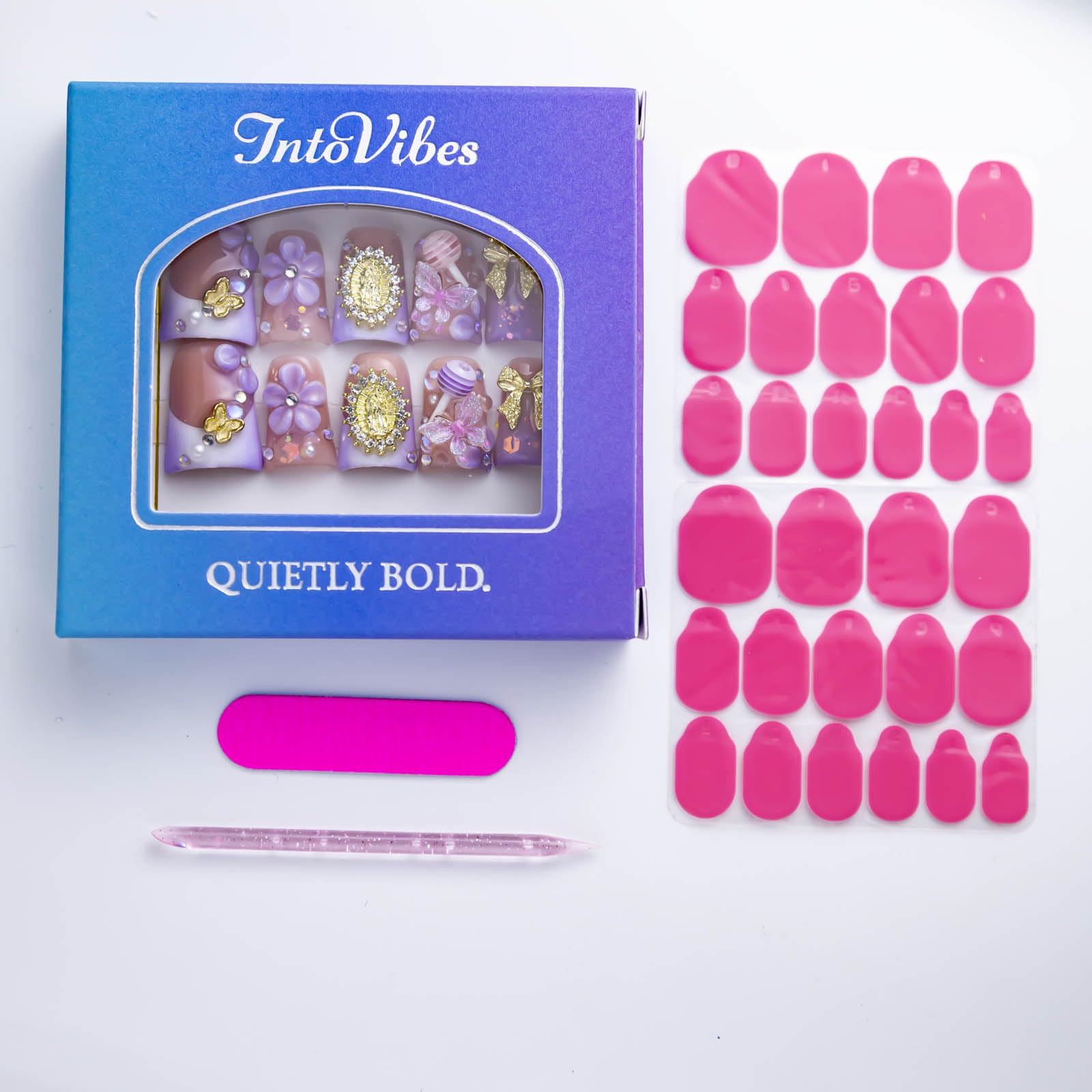 IntoVibes 10-Piece Luxury Acrylic Press-On Nails – Short Duck Shape, Pink & Purple, Reusable Valentines Day Nails (M)