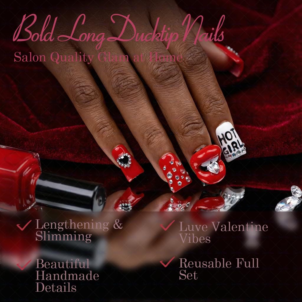 IntoVibes 10-Piece Luxury Acrylic Press On Nails — Short Duck Shape, Red & Black Flames, Reusable