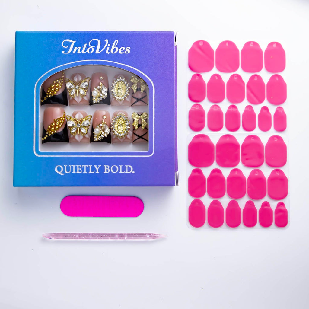 IntoVibes Luxury Duck Shape Press On Nails – Short Pink & Black with Gold Butterflies & Bows (Reusable)