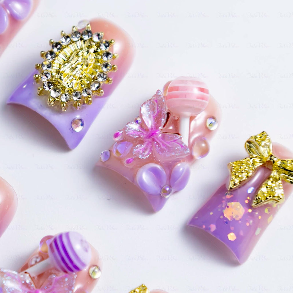 IntoVibes 10-Piece Luxury Acrylic Press-On Nails – Short Duck Shape, Pink & Purple, Reusable Valentines Day Nails (M)