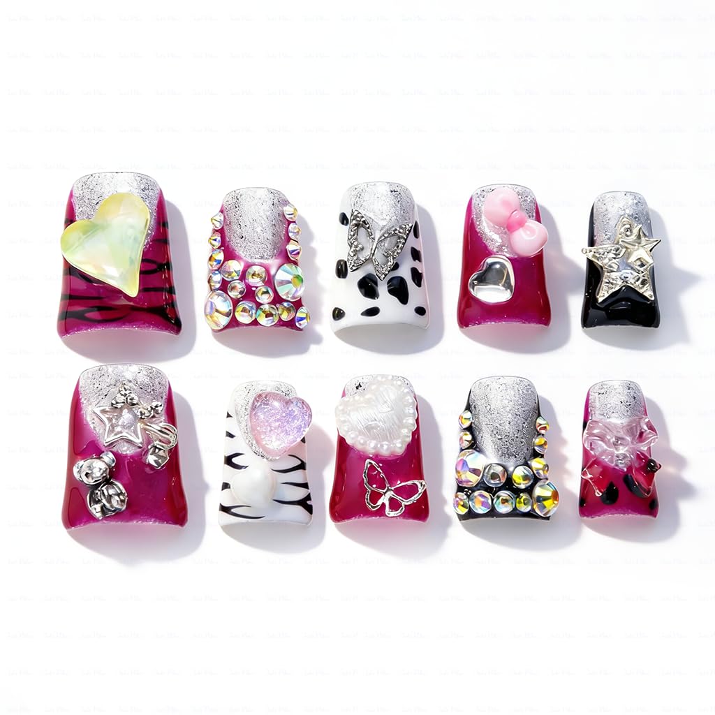 IntoVibes 10-Piece Luxury Acrylic Press-On Nails – Short Duck Shape, Pink French Tips, Reusable 3D Hearts, Butterflies & Stars (M)