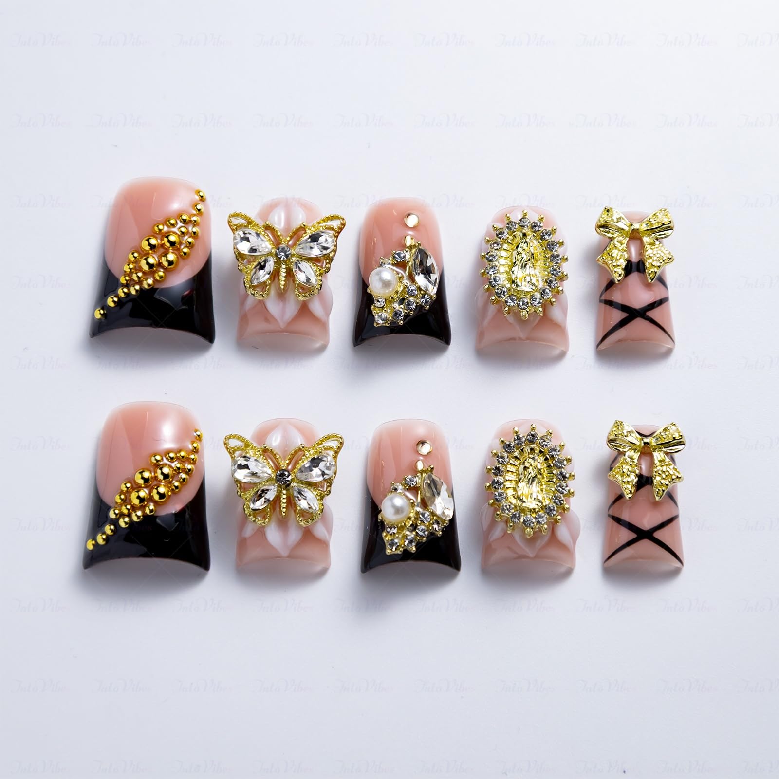 IntoVibes Luxury Duck Shape Press On Nails – Short Pink & Black with Gold Butterflies & Bows (Reusable)