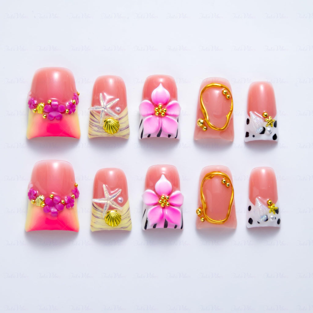 IntoVibes 10-Piece Luxury Acrylic Press-On Nails – Short Duck Shape, Pink French, 3D Flowers & Shells, Reusable