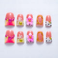 IntoVibes 10-Piece Luxury Acrylic Press-On Nails – Short Duck Shape, Pink French, 3D Flowers & Shells, Reusable