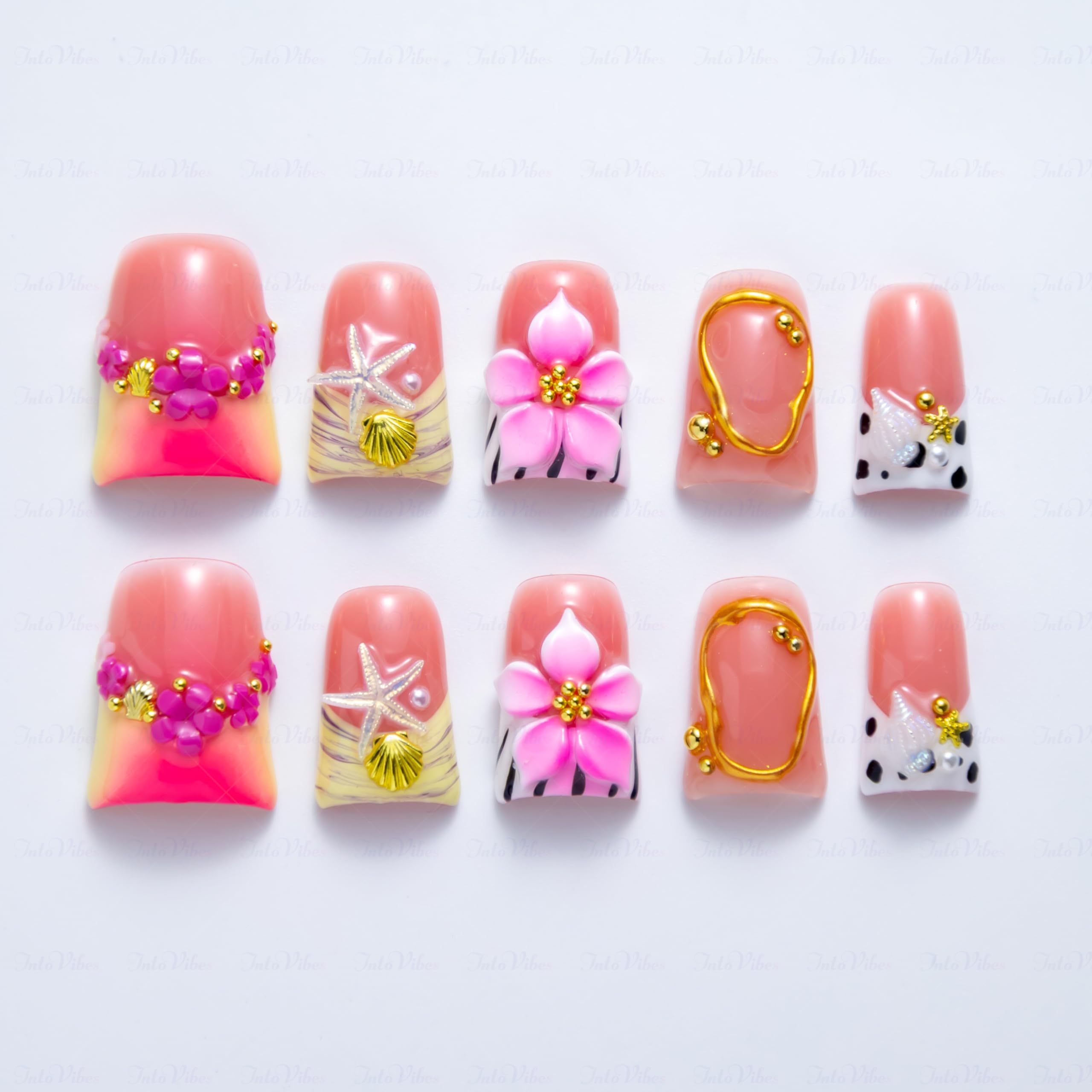 IntoVibes 10-Piece Luxury Acrylic Press-On Nails – Short Duck Shape, Pink French, 3D Flowers & Shells, Reusable