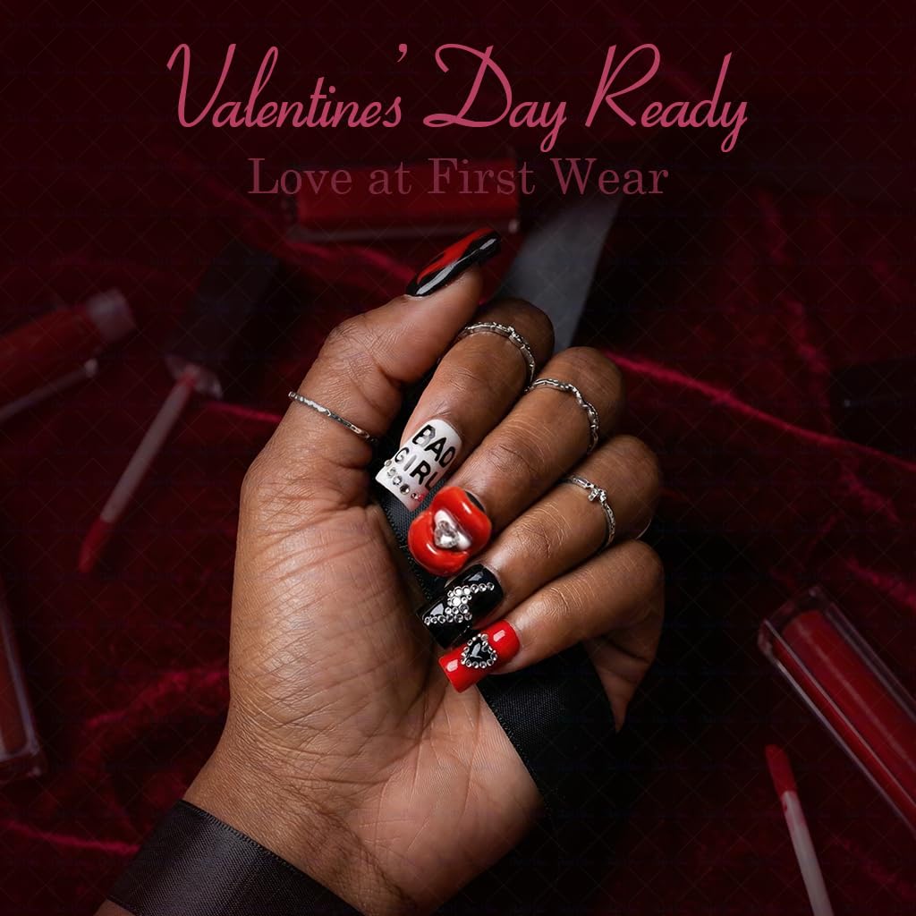 IntoVibes 10-Piece Luxury Acrylic Press On Nails — Short Duck Shape, Red & Black Flames, Reusable