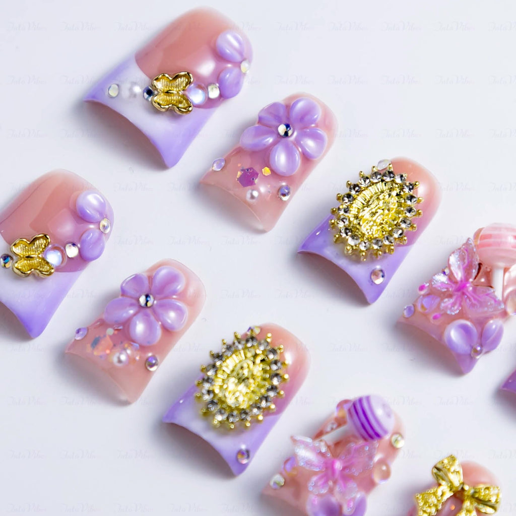 IntoVibes 10-Piece Luxury Acrylic Press-On Nails – Short Duck Shape, Pink & Purple, Reusable Valentines Day Nails (M)