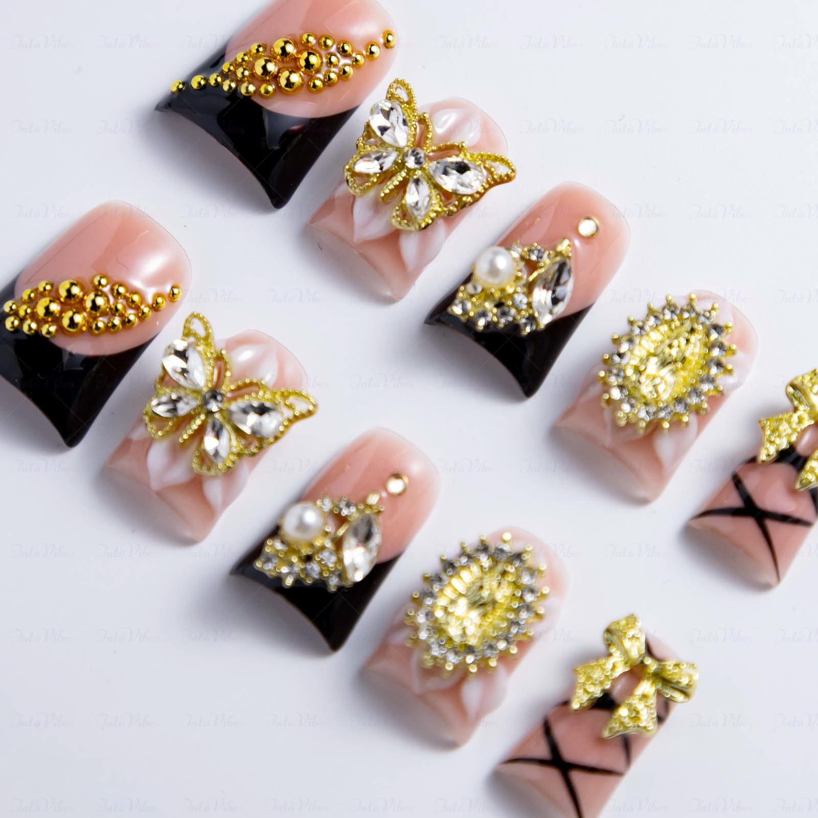 IntoVibes Luxury Duck Shape Press On Nails – Short Pink & Black with Gold Butterflies & Bows (Reusable)