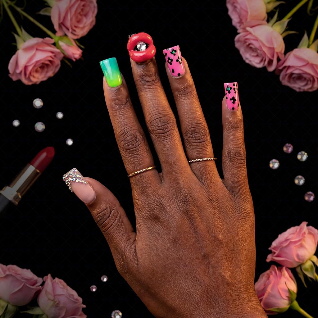 IntoVibes 10 Pcs Luxury Acrylic Press On Nails – Short Duck Shape, Leopard Print & 3D Red Lip Design (L)