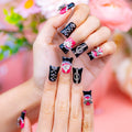 IntoVibes 10-Pcs Luxury Acrylic Press On Nails – Short Duck Shape, Black French, Punk Metal Accents & Reusable Valentine Nails