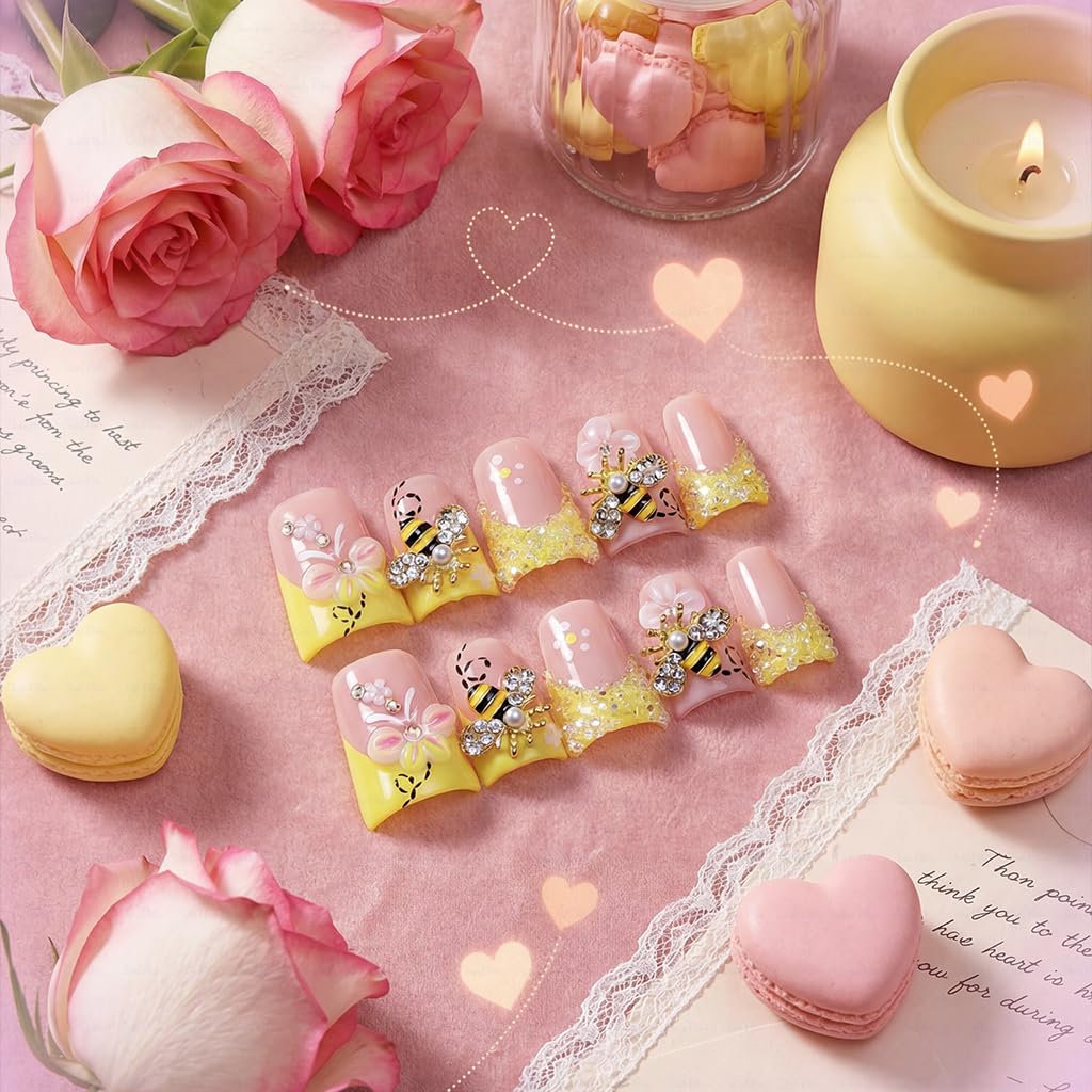 IntoVibes 10-Piece Luxury Acrylic Press On Nails - Short Duck Shape, Butter Yellow, Rhinestones & Floral Bee Charms (L)