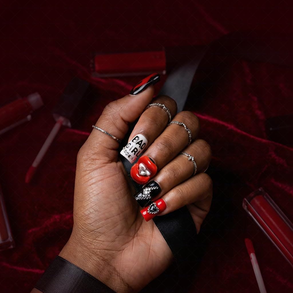 IntoVibes 10-Piece Luxury Acrylic Press On Nails — Short Duck Shape, Red & Black Flames, Reusable