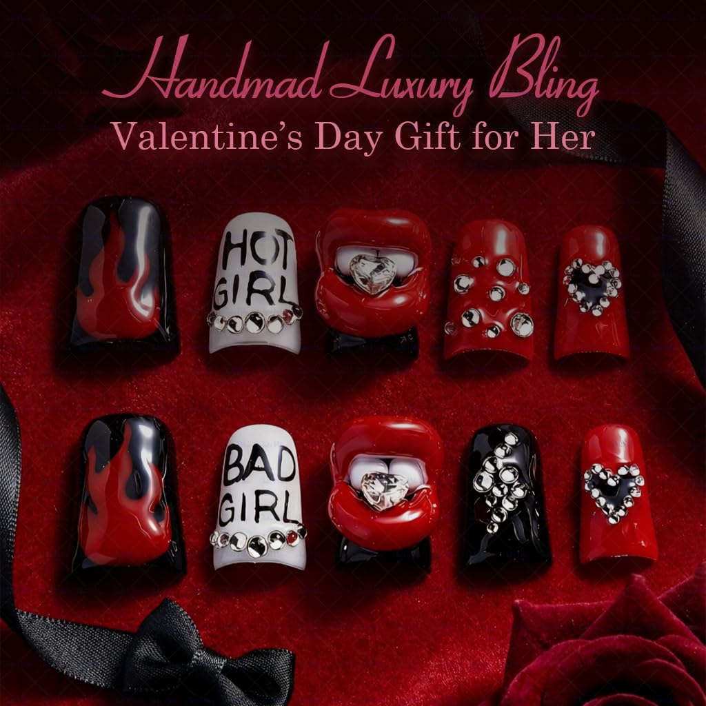 IntoVibes 10-Piece Luxury Acrylic Press On Nails — Short Duck Shape, Red & Black Flames, Reusable