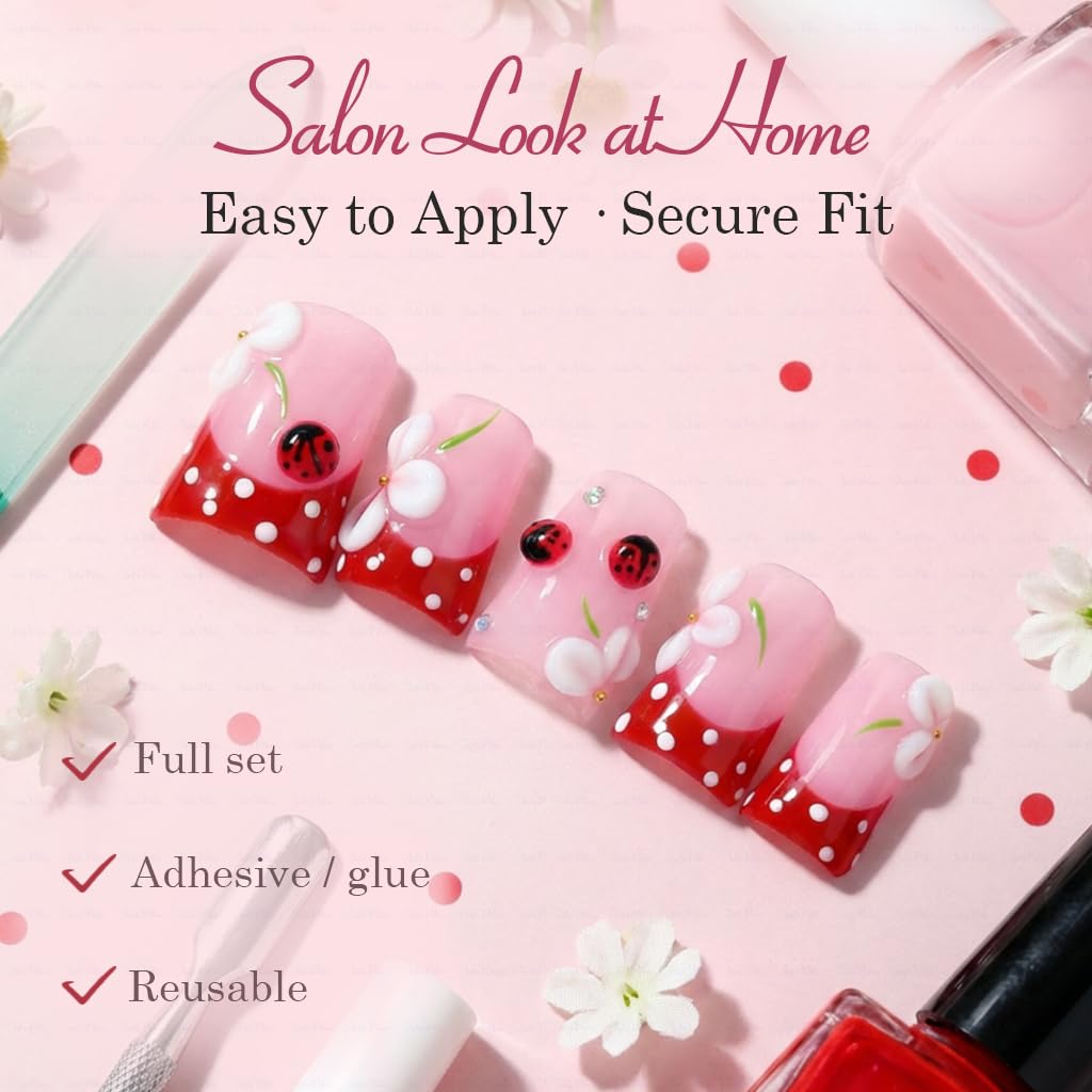 IntoVibes 10 Pieces Luxury Acrylic Press-On Nails – Short Duck Shape with 3D Petals & Ladybugs (Reusable, Valentine’s Day Nails) | L