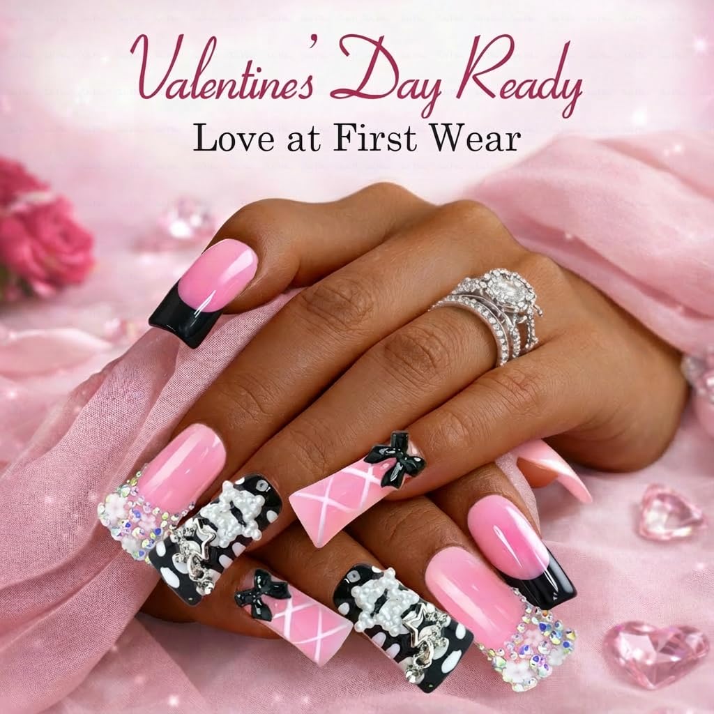 IntoVibes 10-Piece Luxury Acrylic Press On Nails — Long Duck Shape with 3D Bowknot & Stars, Reusable