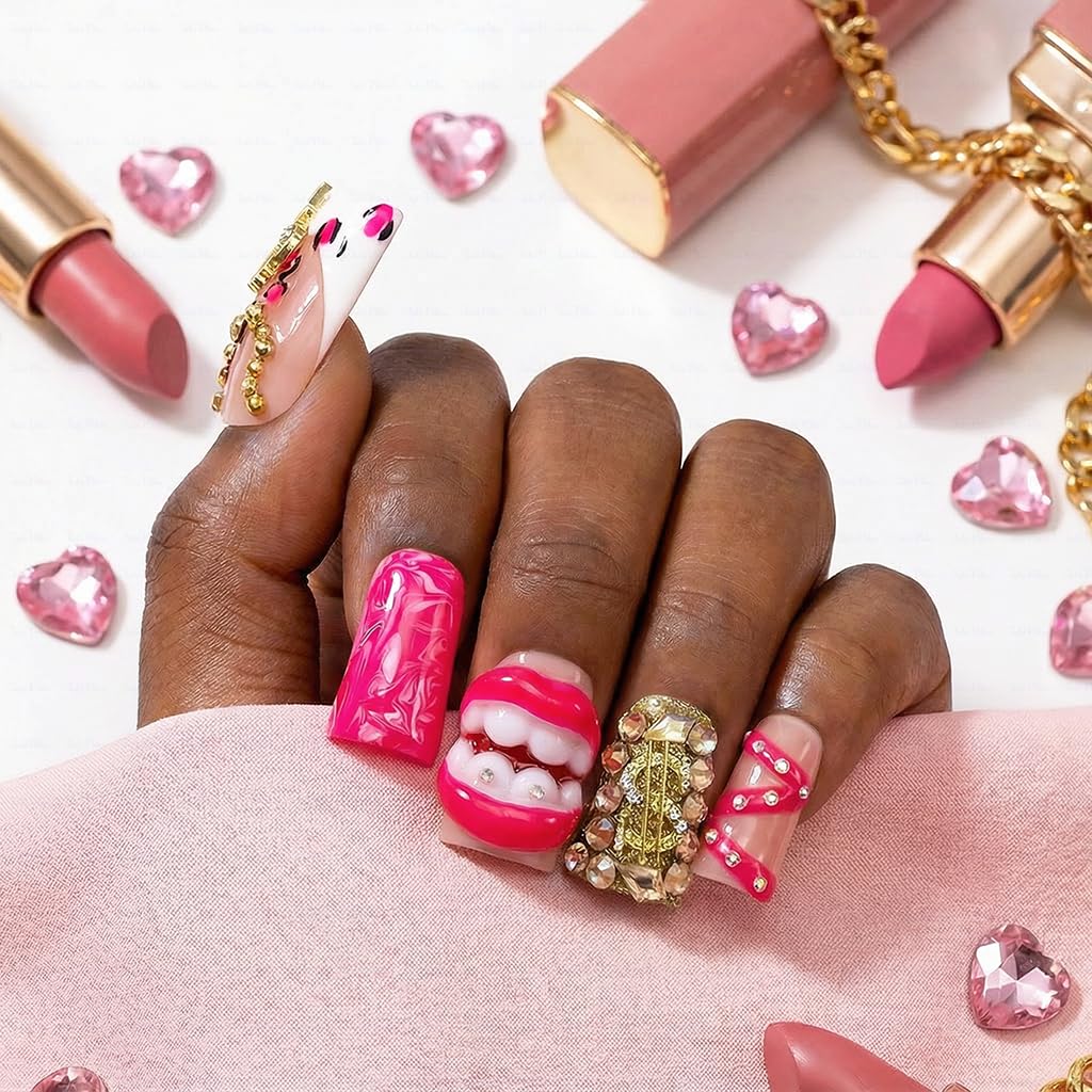 IntoVibes 10-Piece Luxury Duck Shape Acrylic Press-On Nails – Short Pink French, Reusable