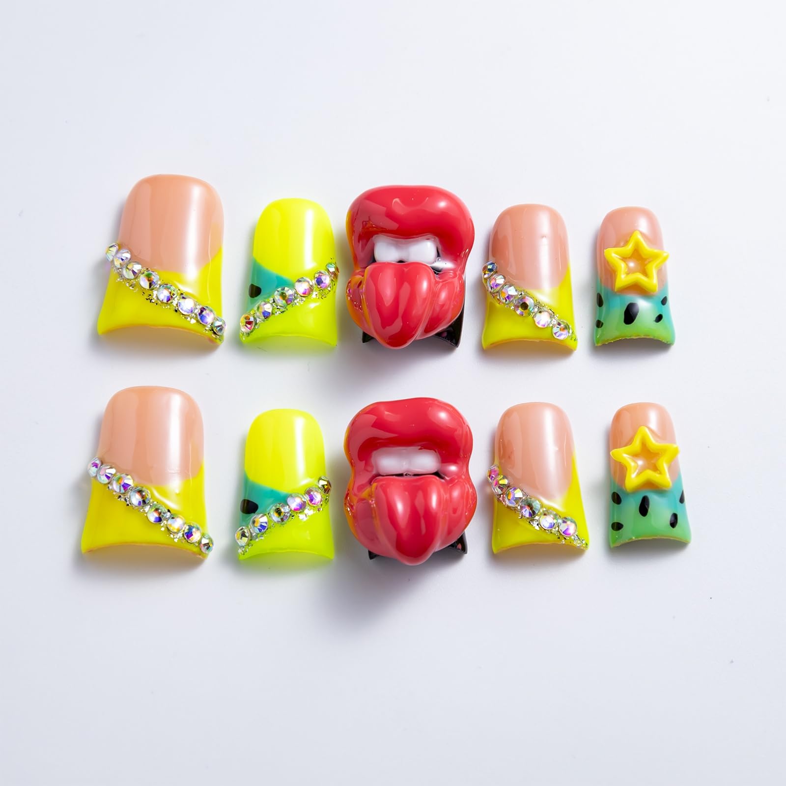 IntoVibes 10-Piece Luxury Acrylic Press-On Nails — Short Duck Shape, Rhinestones, 3D Red Lips, Reusable