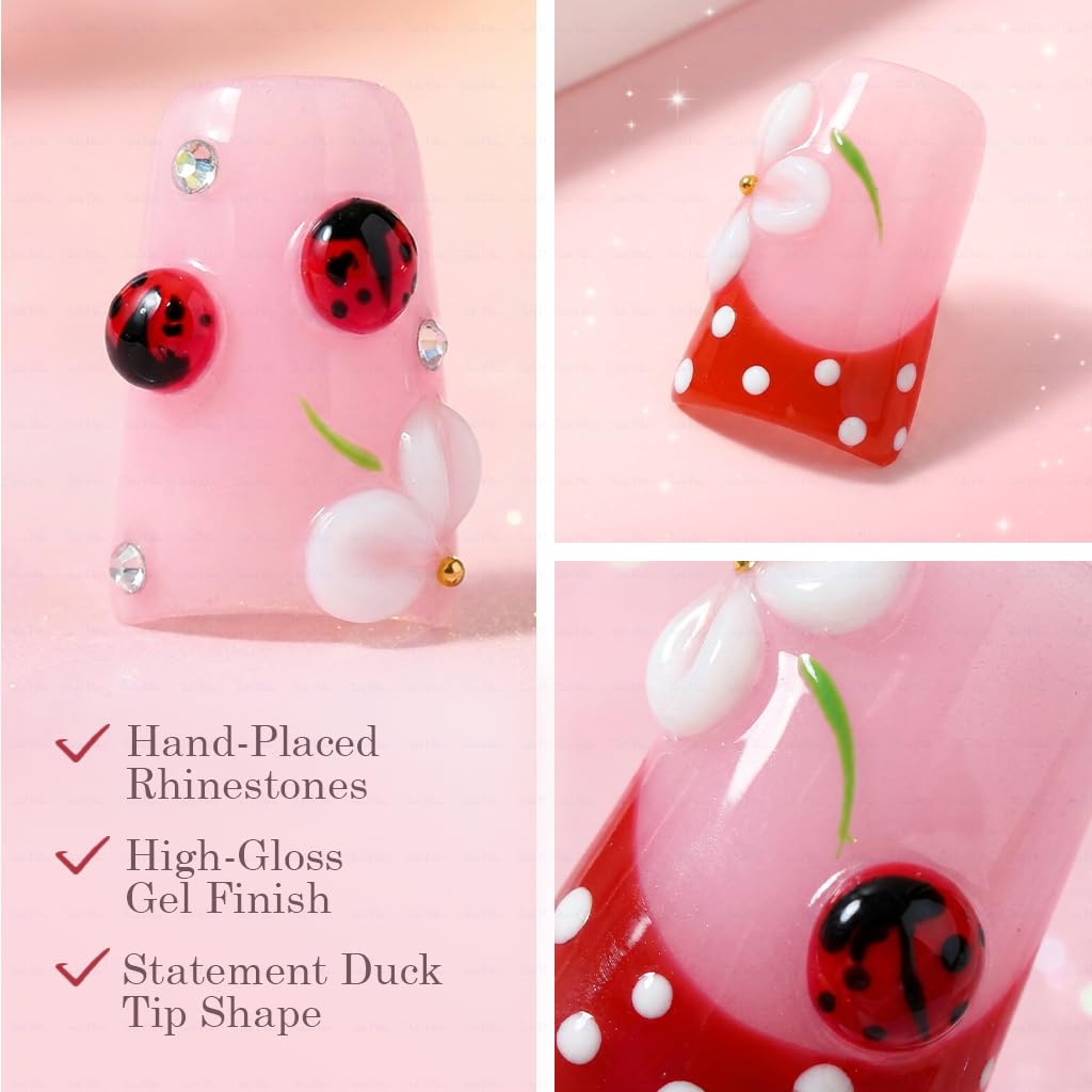 IntoVibes 10 Pcs Luxury Acrylic Press On Nails – Short Duck Shape, Reusable, 3D Petals & Ladybugs (S)