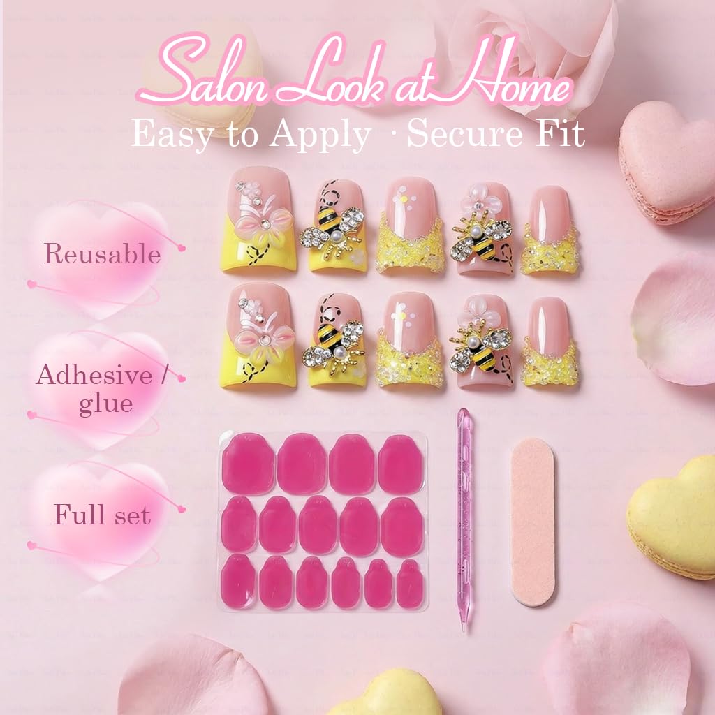 IntoVibes 10-Piece Luxury Acrylic Press On Nails - Short Duck Shape, Butter Yellow, Rhinestones & Floral Bee Charms (L)