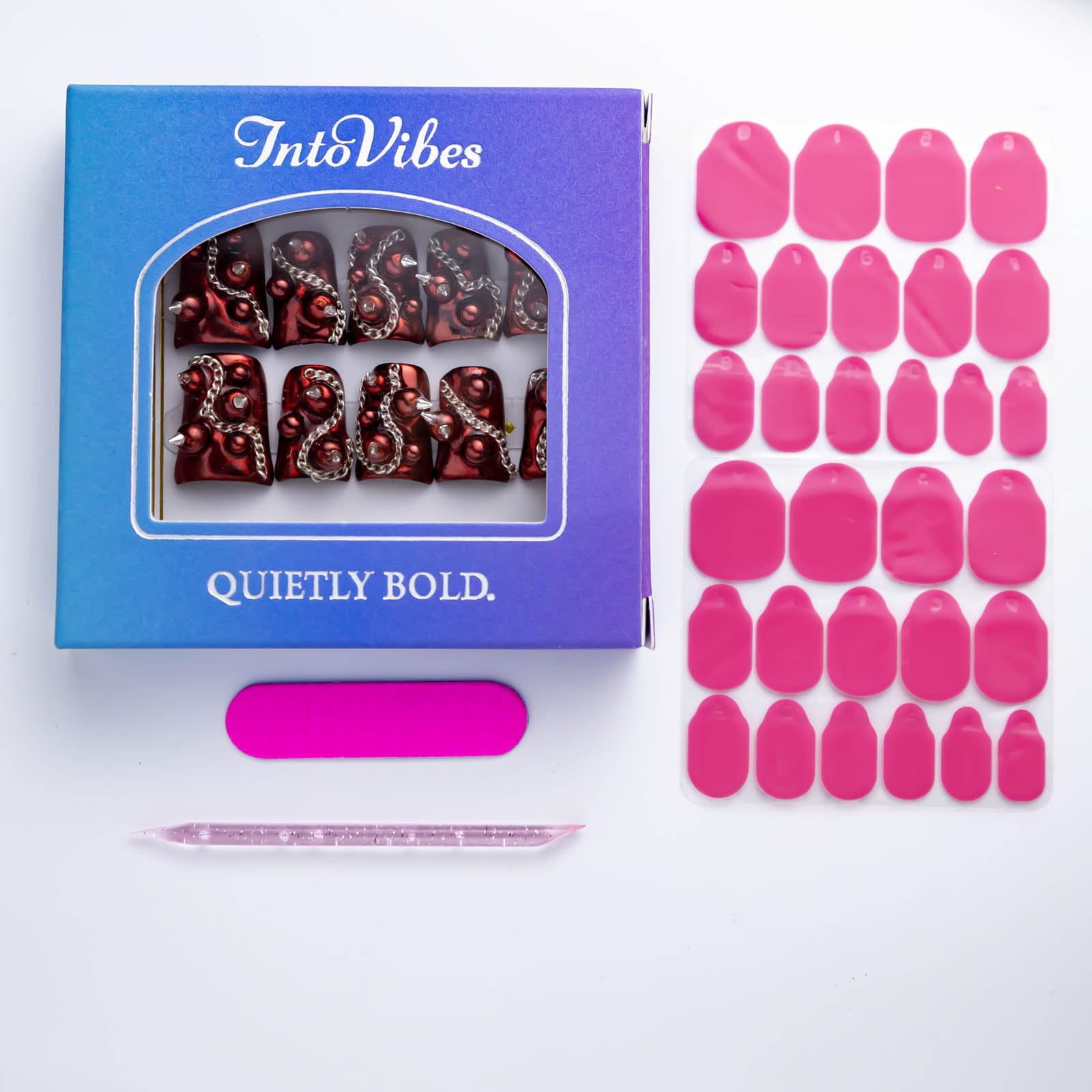 IntoVibes 10-Piece Luxury Duck-Shape Short Press-On Nails – Red, Rivets & Chains
