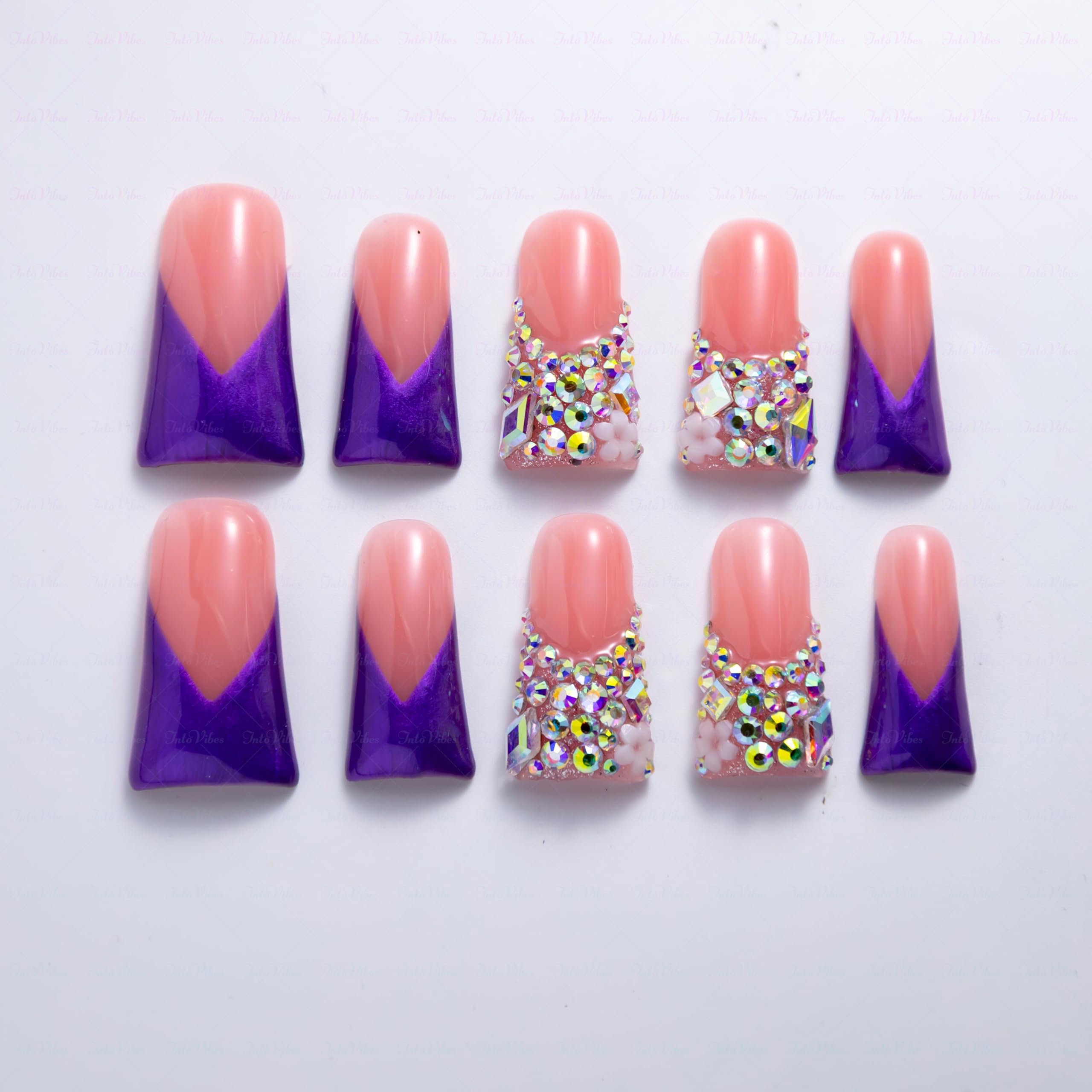 IntoVibes 10-Piece Handmade Luxury Purple Shimmer Press On Nails | AB Crystal Shine (M)