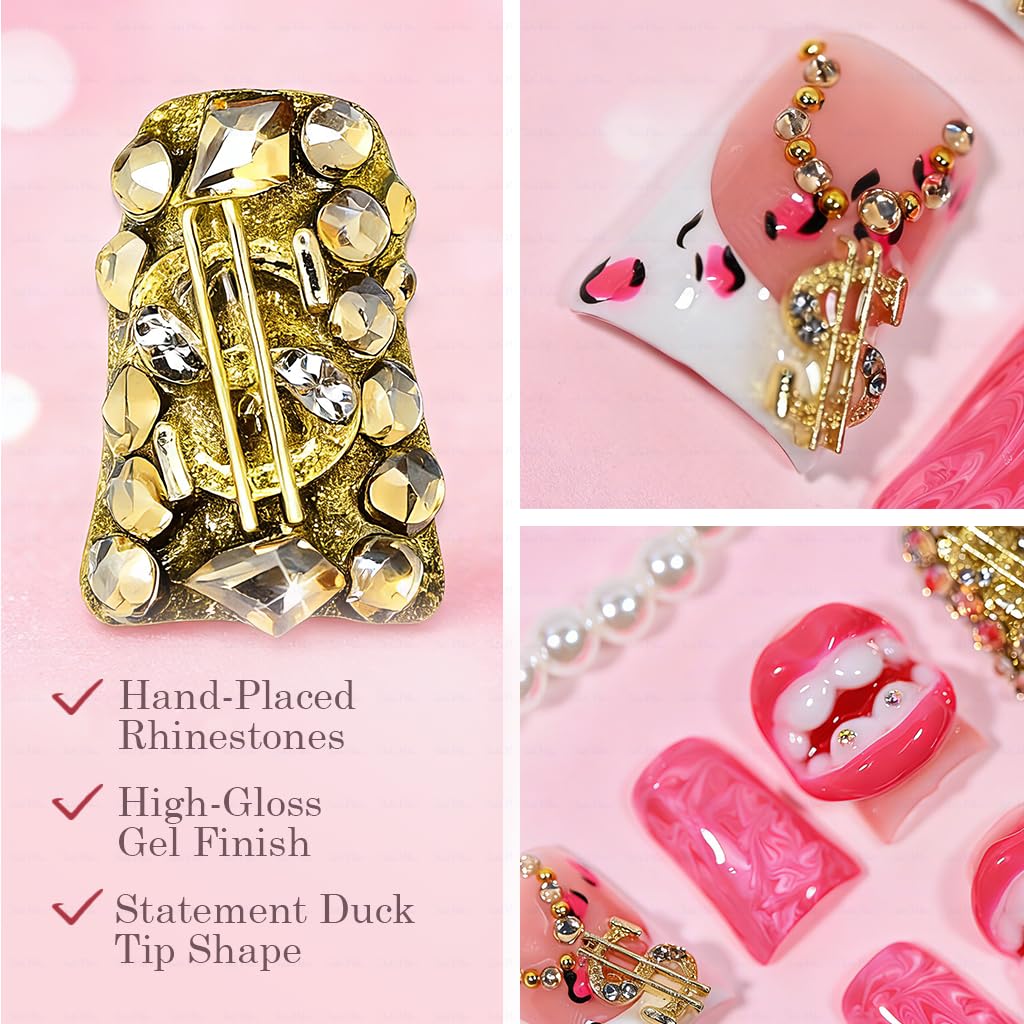 IntoVibes 10-Piece Luxury Duck Shape Acrylic Press-On Nails – Short Pink French, Reusable