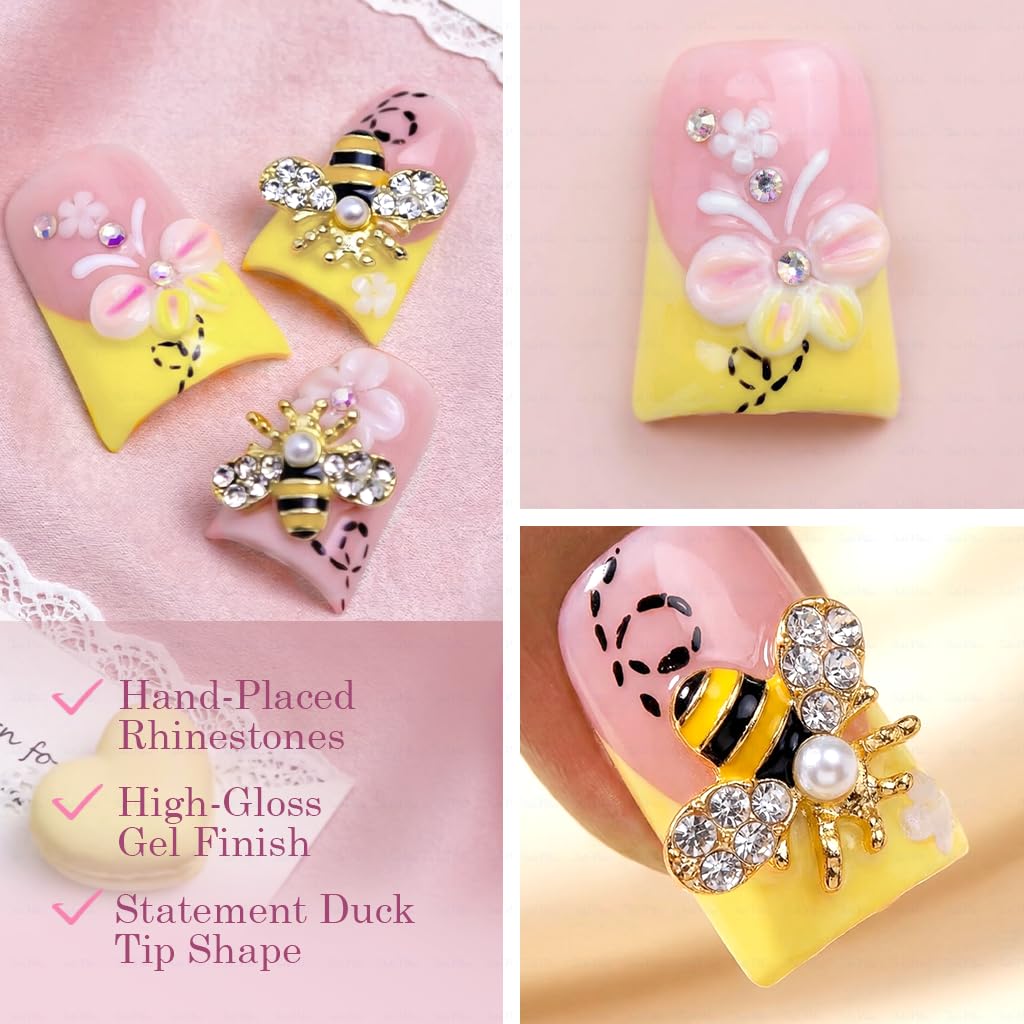 IntoVibes 10-Piece Luxury Acrylic Press On Nails - Short Duck Shape, Butter Yellow, Rhinestones & Floral Bee Charms (L)