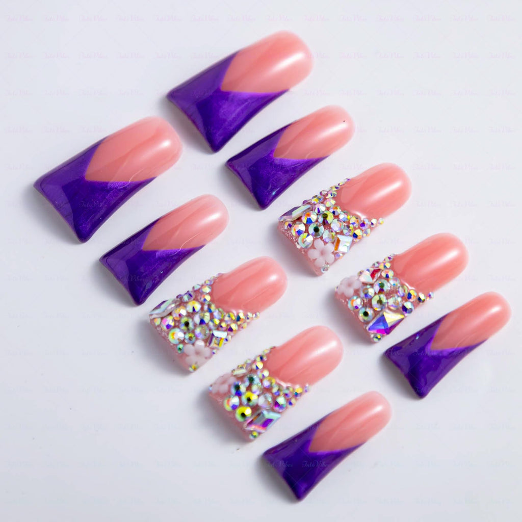 IntoVibes 10-Piece Handmade Luxury Purple Shimmer Press On Nails | AB Crystal Shine (M)