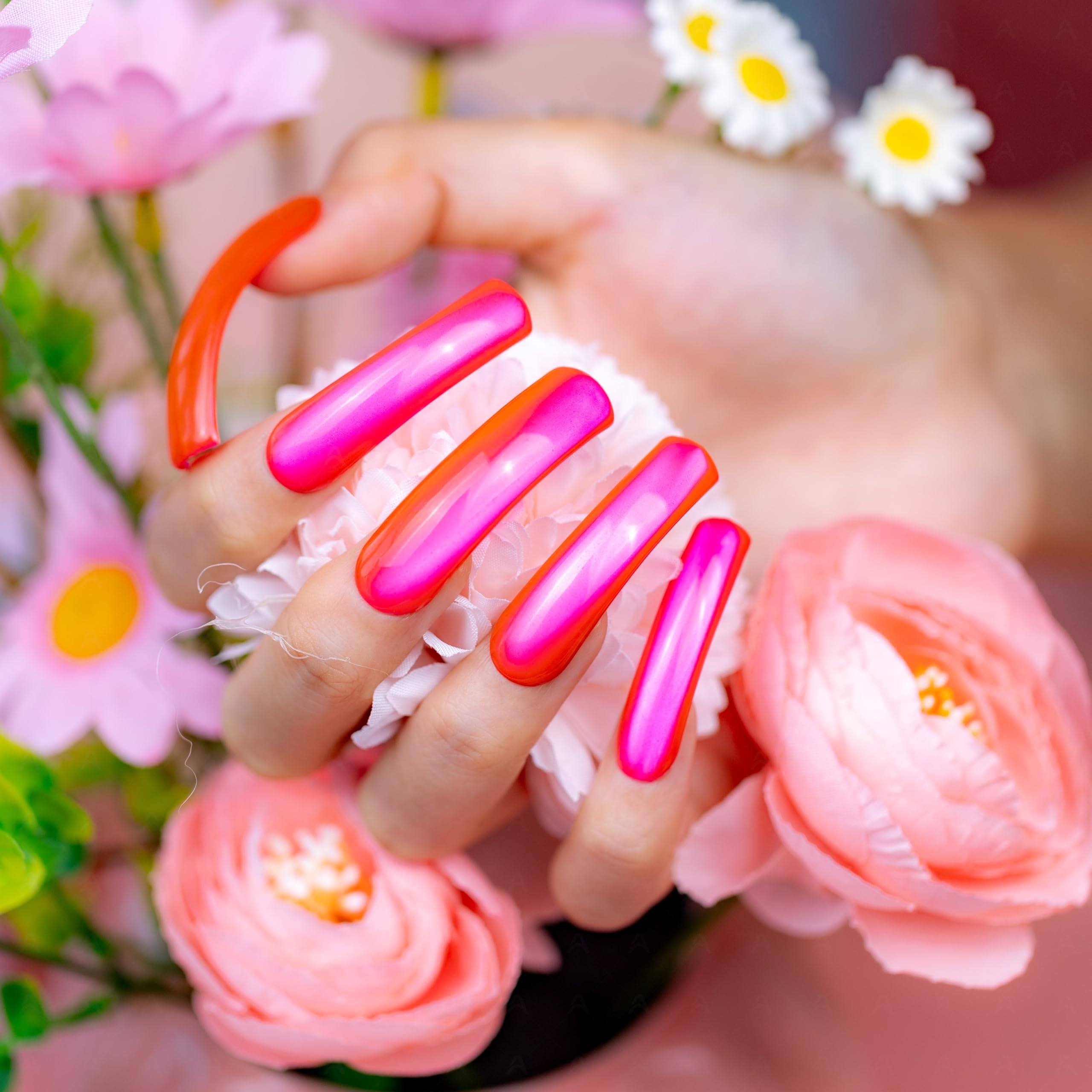 IntoVibes Hot Pink Chrome Press On Nails XL – Handmade Curved Tip, Reusable Metallic Fuchsia