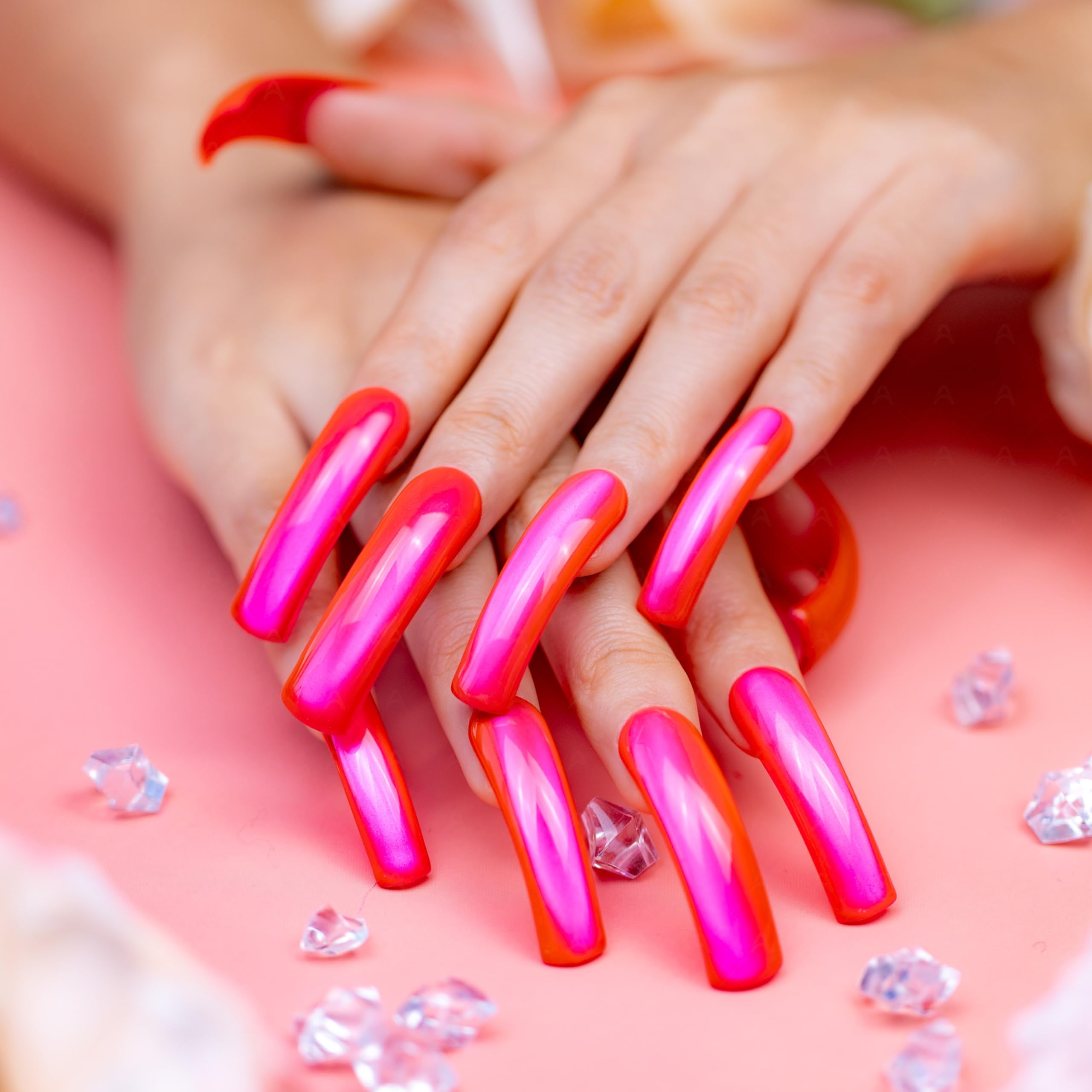 IntoVibes Hot Pink Chrome Press On Nails XL – Handmade Curved Tip, Reusable Metallic Fuchsia
