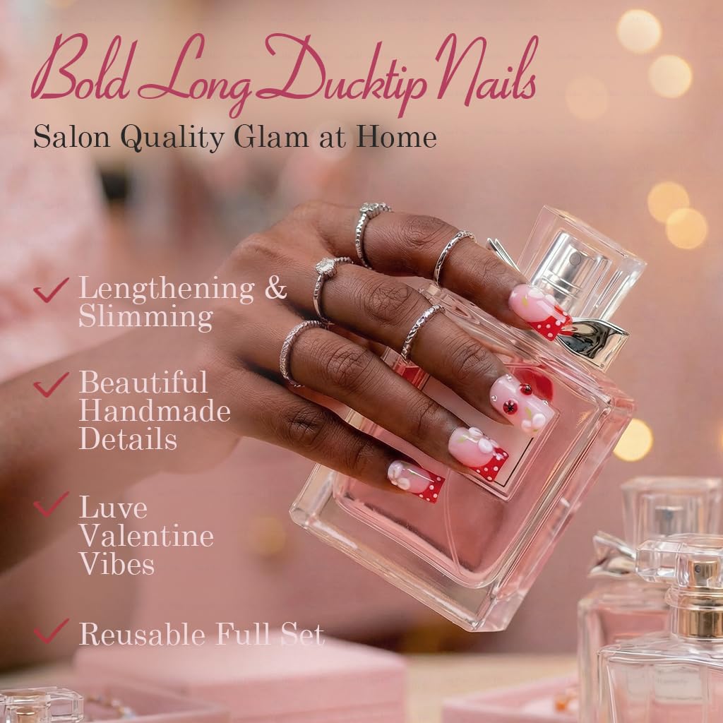IntoVibes 10 Pcs Luxury Acrylic Press On Nails – Short Duck Shape, Reusable, 3D Petals & Ladybugs (S)