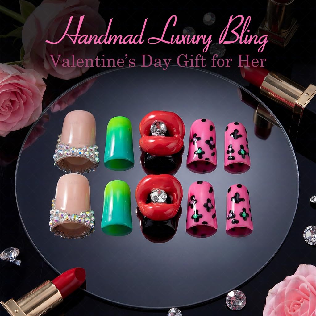 IntoVibes 10 Pcs Luxury Acrylic Press On Nails – Short Duck Shape, Leopard Print & 3D Red Lip Design (L)
