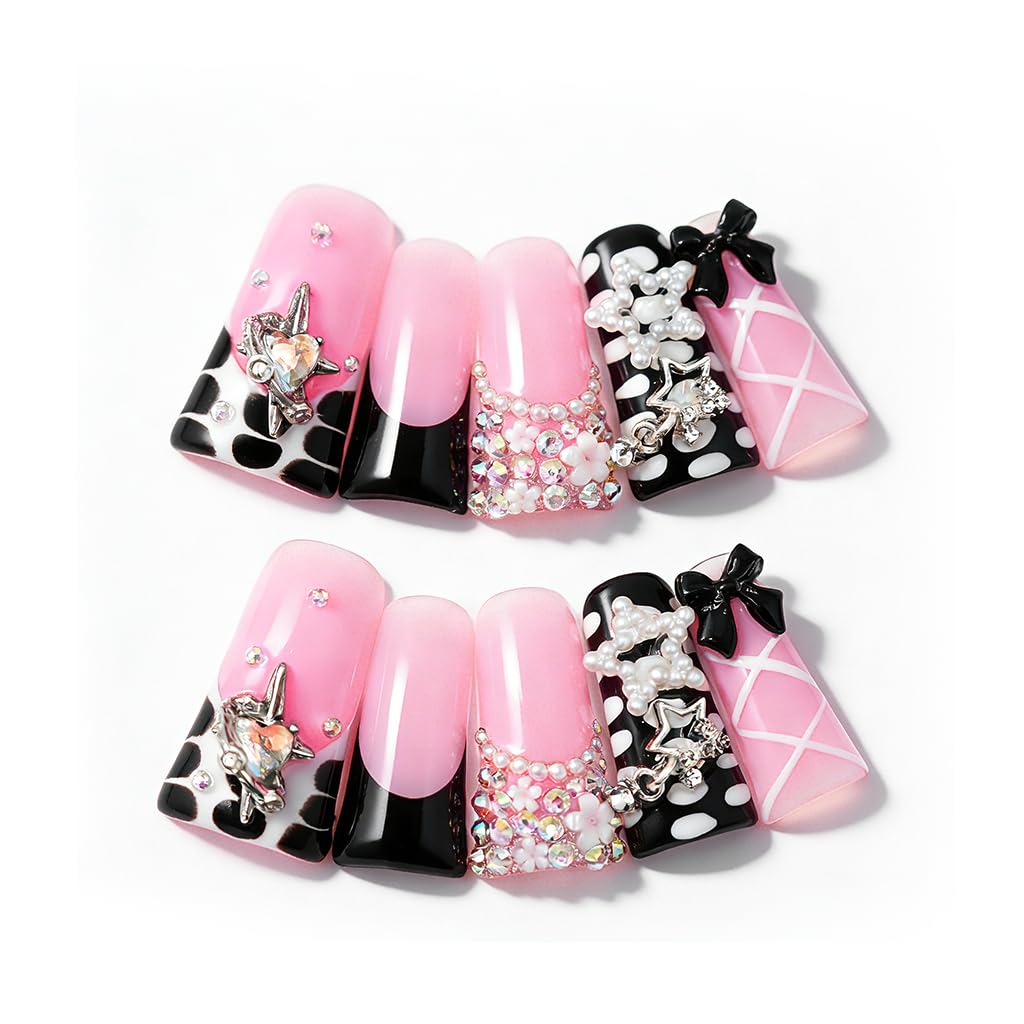 IntoVibes 10-Piece Luxury Acrylic Press On Nails — Long Duck Shape with 3D Bowknot & Stars, Reusable