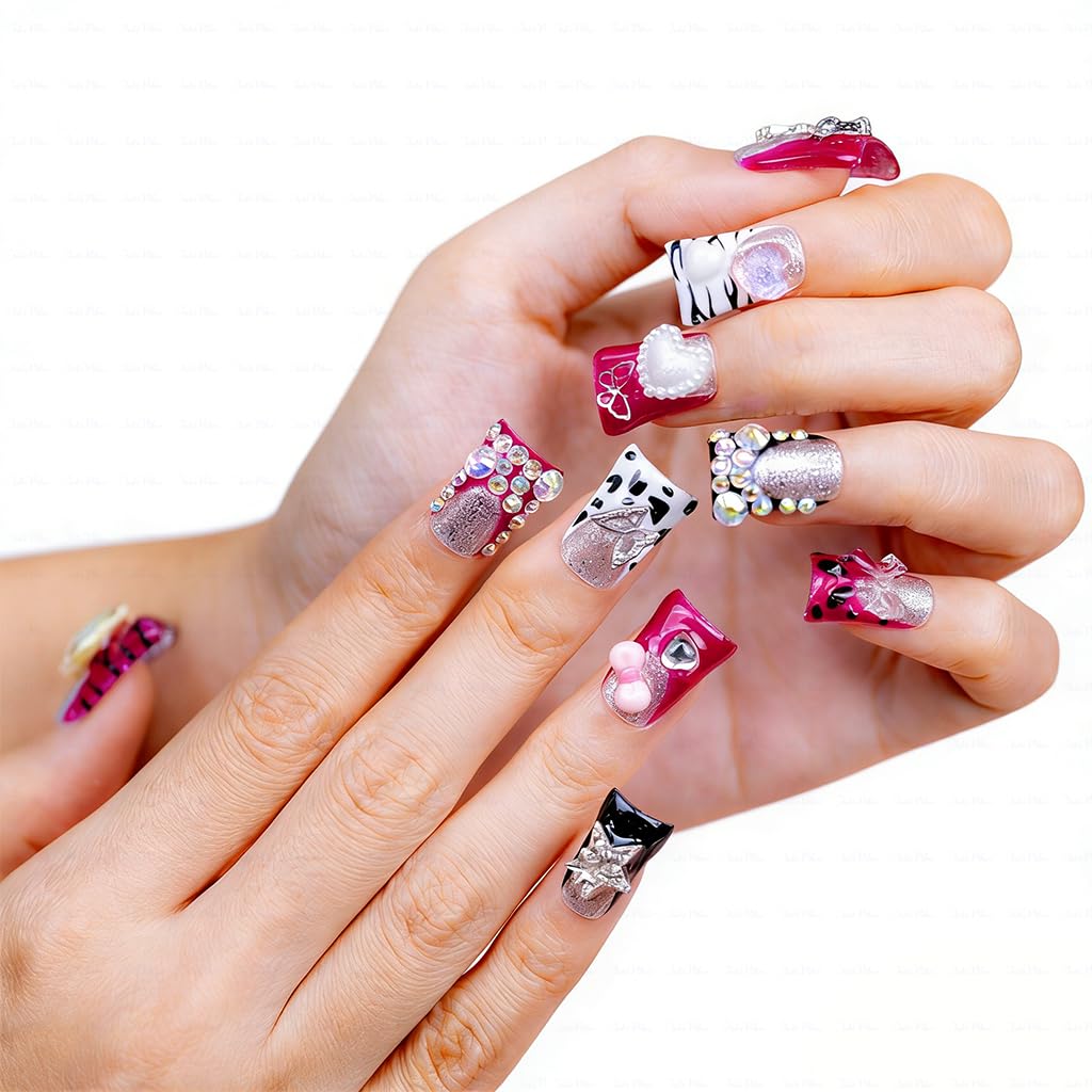 IntoVibes 10-Piece Luxury Acrylic Press On Nails – Short Duck Shape, Pink French Tips, 3D Hearts & Stars | Reusable