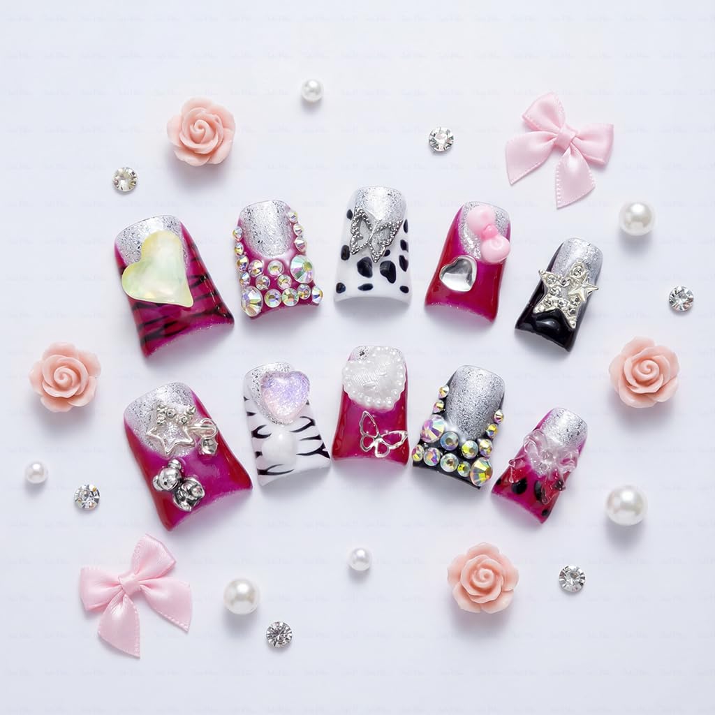 IntoVibes 10-Piece Luxury Acrylic Press On Nails – Short Duck Shape, Pink French Tips, 3D Hearts & Stars | Reusable