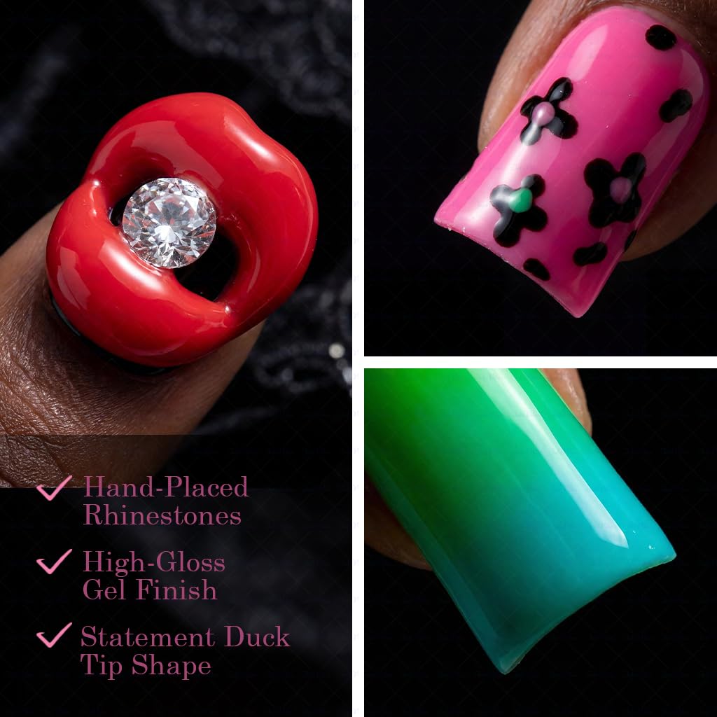 IntoVibes 10 Pcs Luxury Acrylic Press On Nails – Short Duck Shape, Leopard Print & 3D Red Lip Design (L)