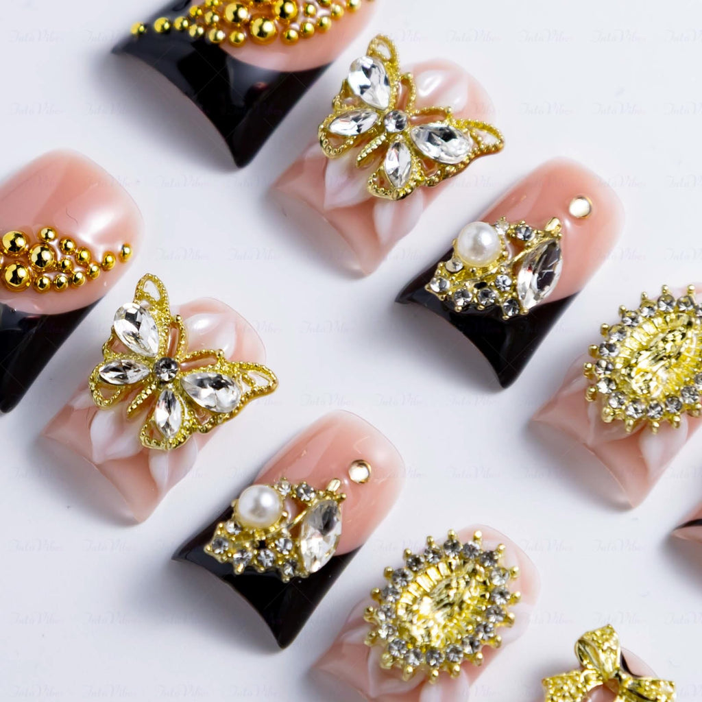 IntoVibes Luxury Duck Shape Press On Nails – Short Pink & Black with Gold Butterflies & Bows (Reusable)