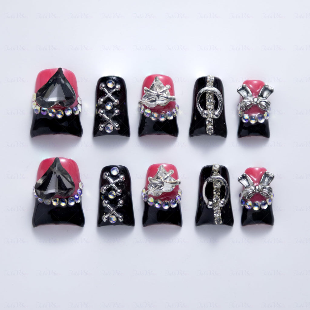 IntoVibes 10-Pcs Luxury Acrylic Press On Nails – Short Duck Shape, Black French, Punk Metal Accents & Reusable Valentine Nails