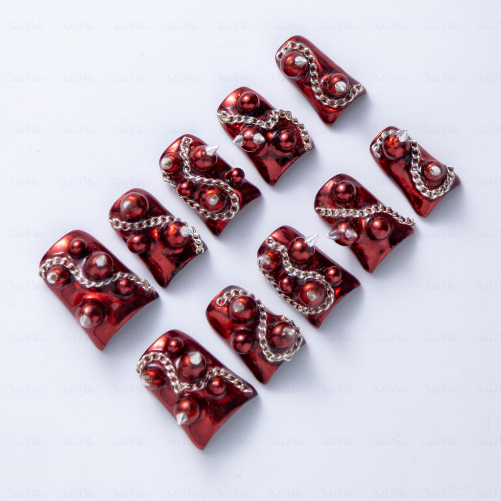 IntoVibes 10-Piece Luxury Acrylic Press-On Nails – Short Duck Shape, Red Gloss, Punk Rivets & Chains, Reusable
