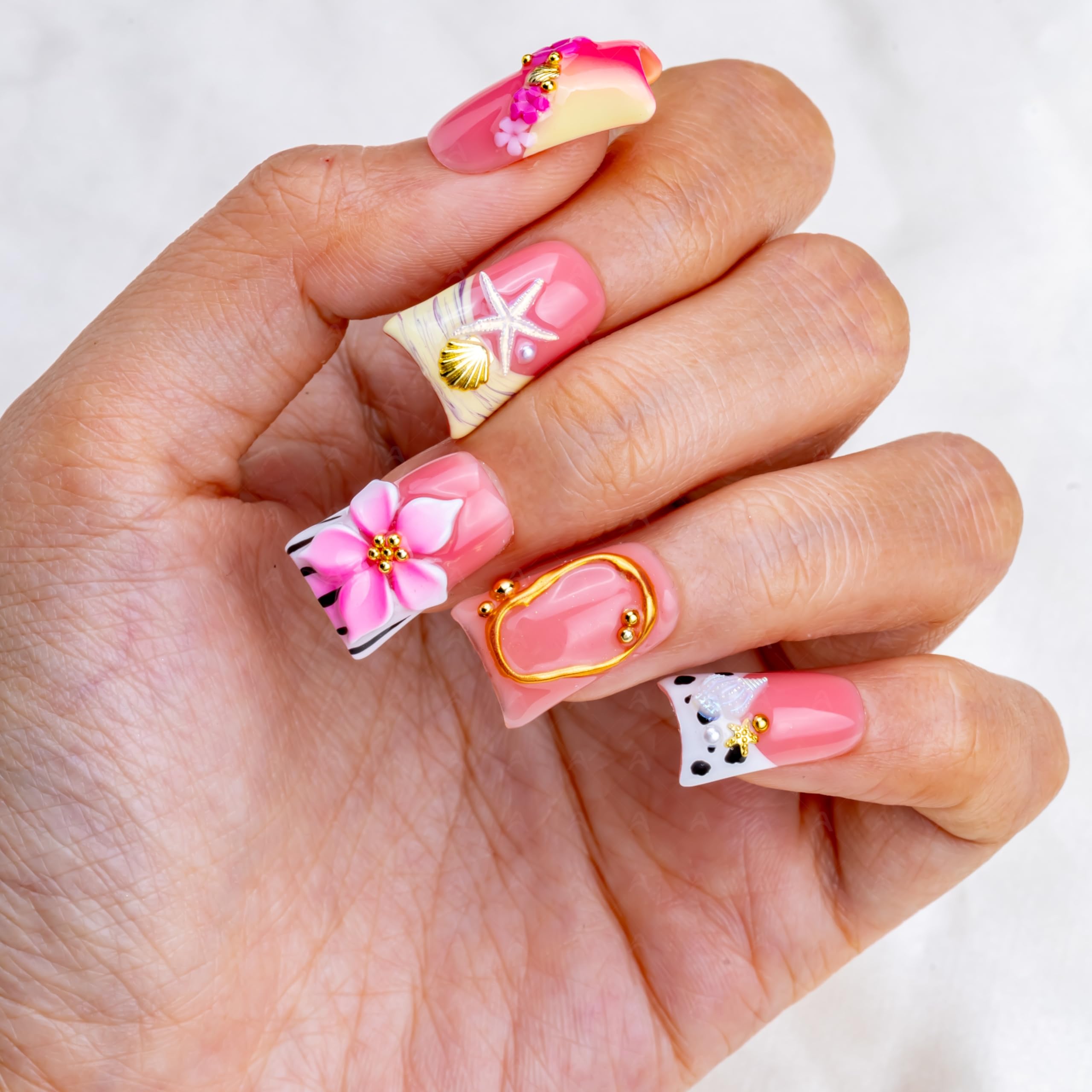 IntoVibes 10-Piece Luxury Acrylic Press-On Nails – Short Duck Shape, Pink French, 3D Flowers & Shells, Reusable