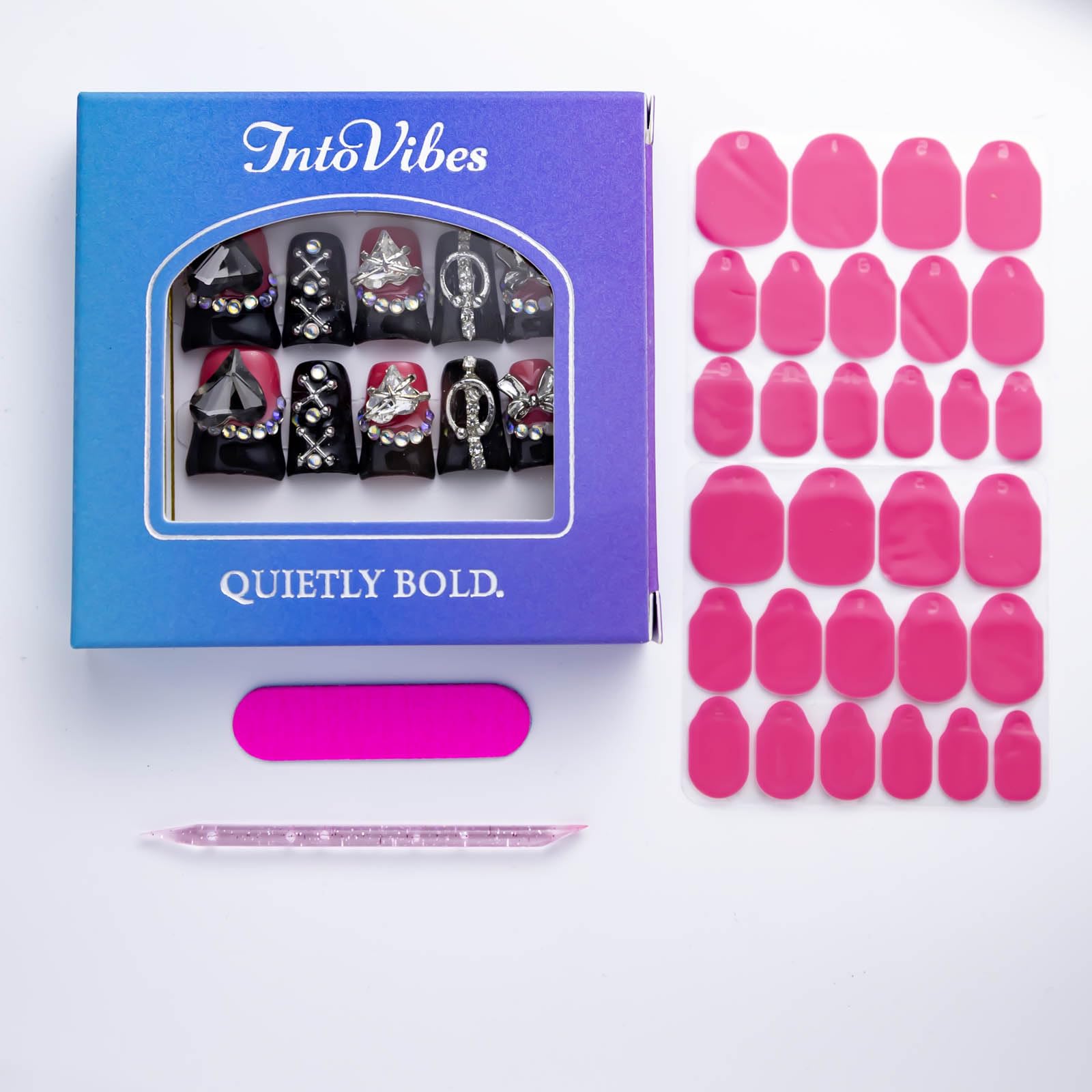 IntoVibes 10-Pcs Luxury Acrylic Press On Nails – Short Duck Shape, Black French, Punk Metal Accents & Reusable Valentine Nails