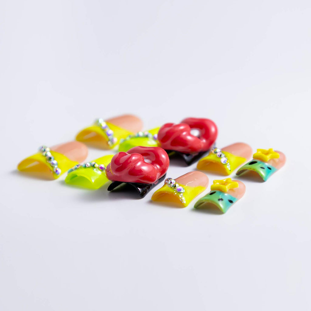 IntoVibes 10-Piece Luxury Acrylic Press-On Nails — Short Duck Shape, Rhinestones, 3D Red Lips, Reusable