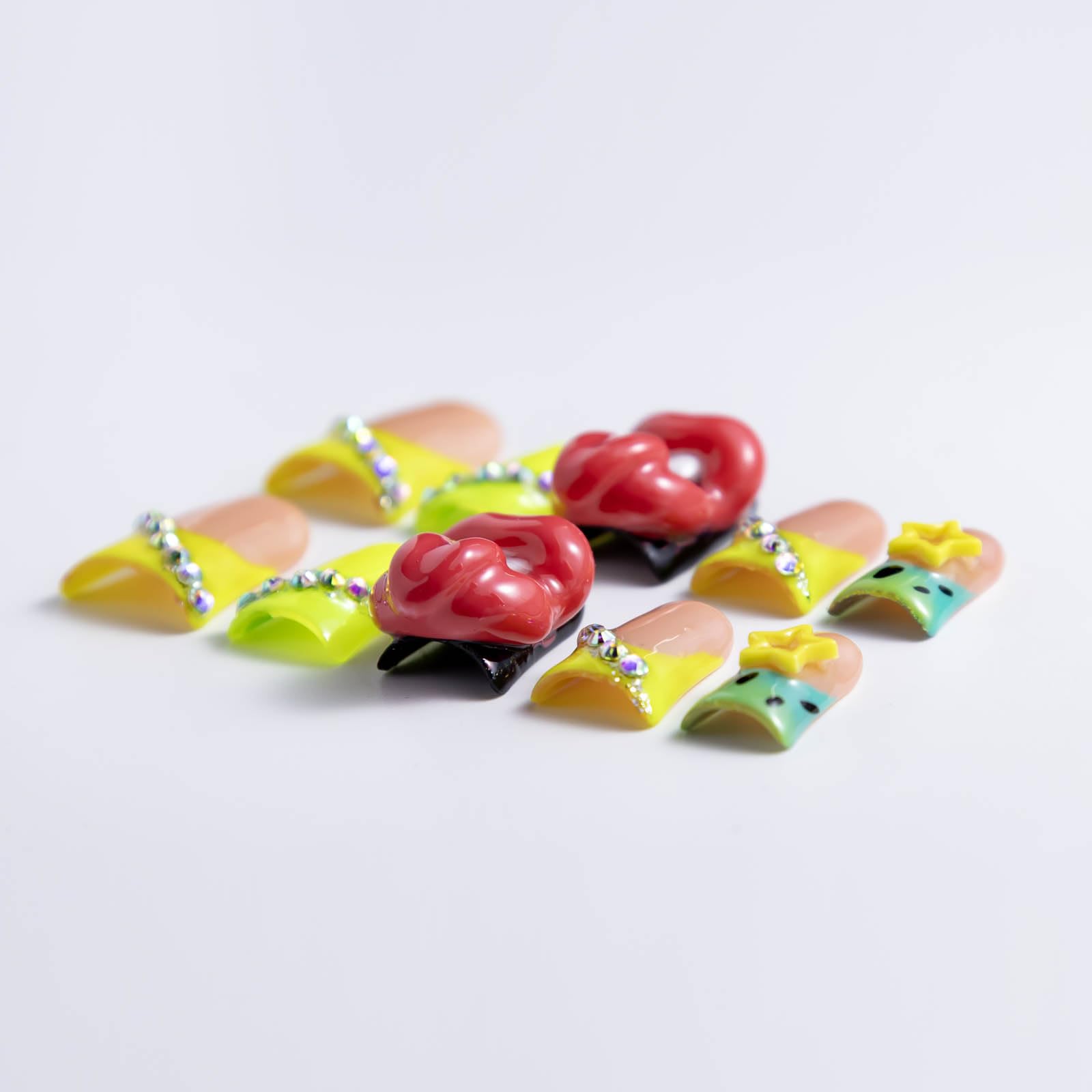 IntoVibes 10-Piece Luxury Acrylic Press-On Nails — Short Duck Shape, Rhinestones, 3D Red Lips, Reusable