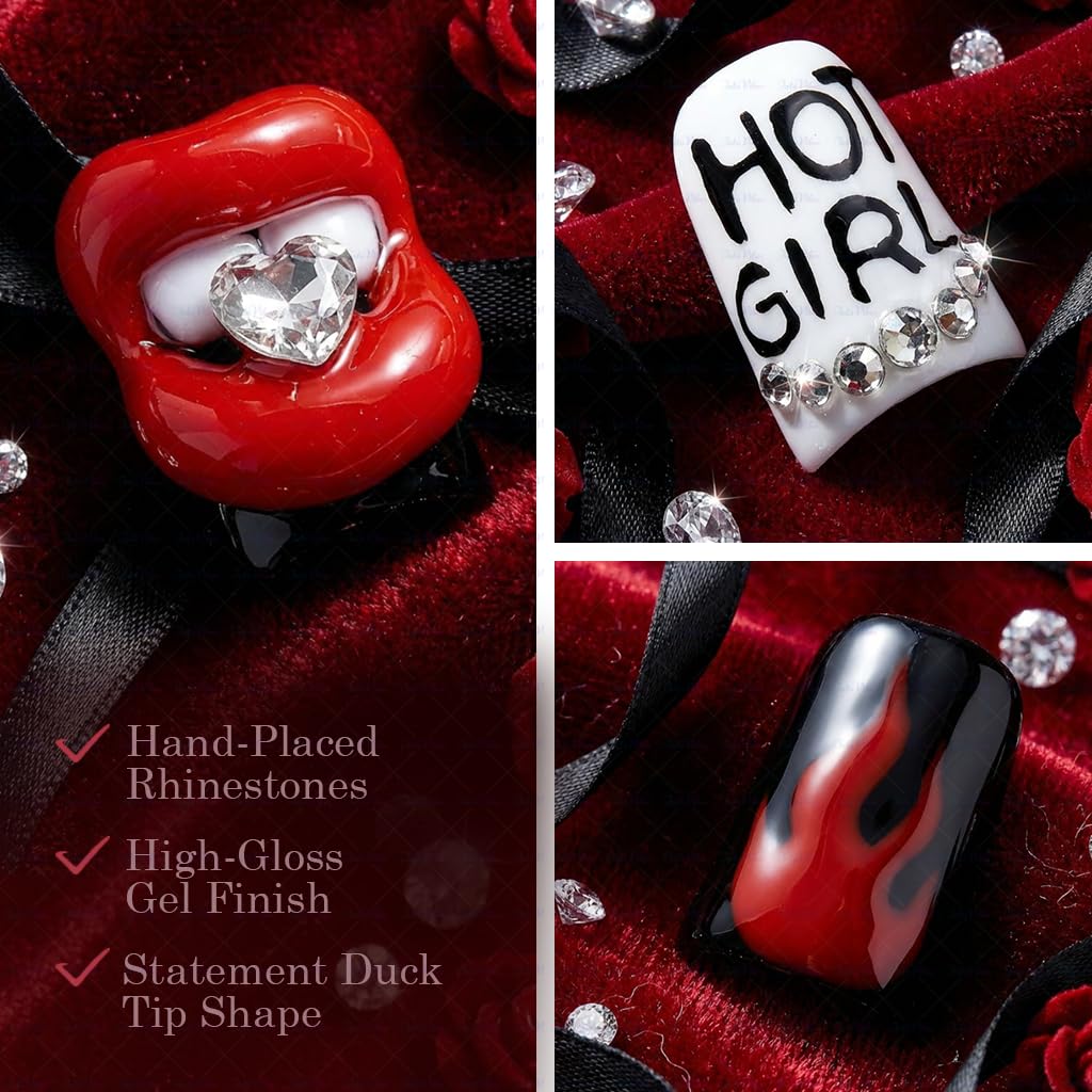 IntoVibes 10-Piece Luxury Acrylic Press On Nails – Short Duck Shape, Red Flames & Glitter Lips, Reusable Valentines Nails (L)