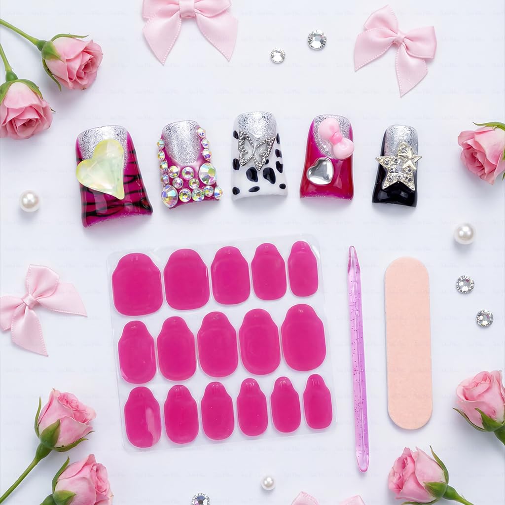 IntoVibes 10-Piece Luxury Acrylic Press On Nails – Short Duck Shape, Pink French Tips, 3D Hearts & Stars | Reusable
